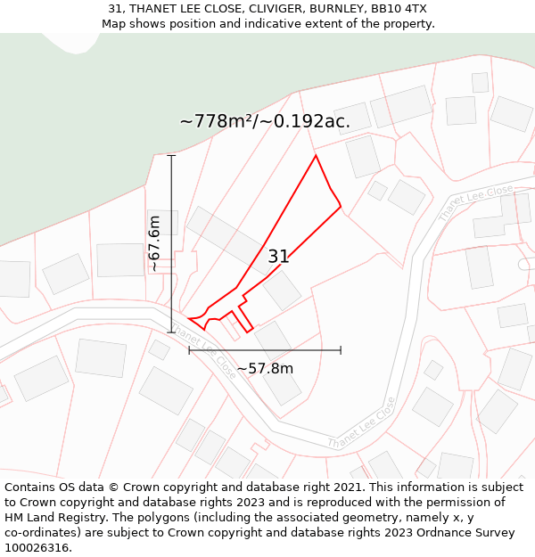 31, THANET LEE CLOSE, CLIVIGER, BURNLEY, BB10 4TX: Plot and title map