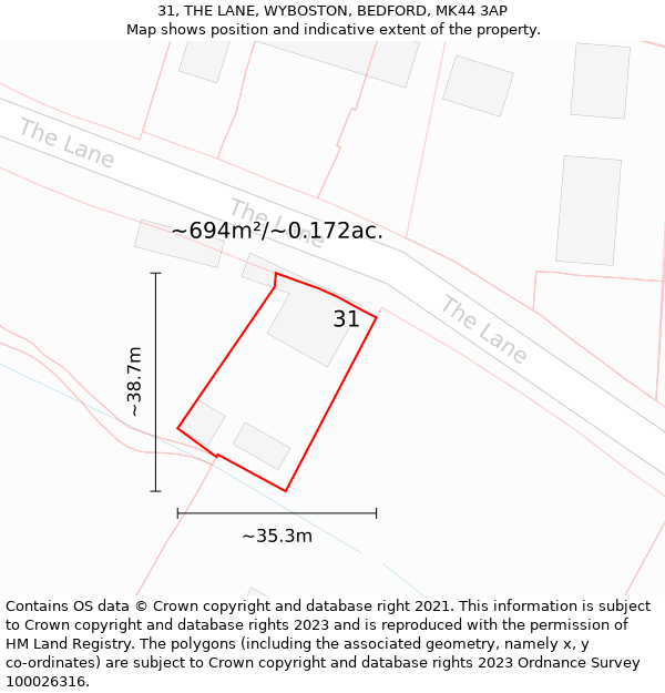 31, THE LANE, WYBOSTON, BEDFORD, MK44 3AP: Plot and title map