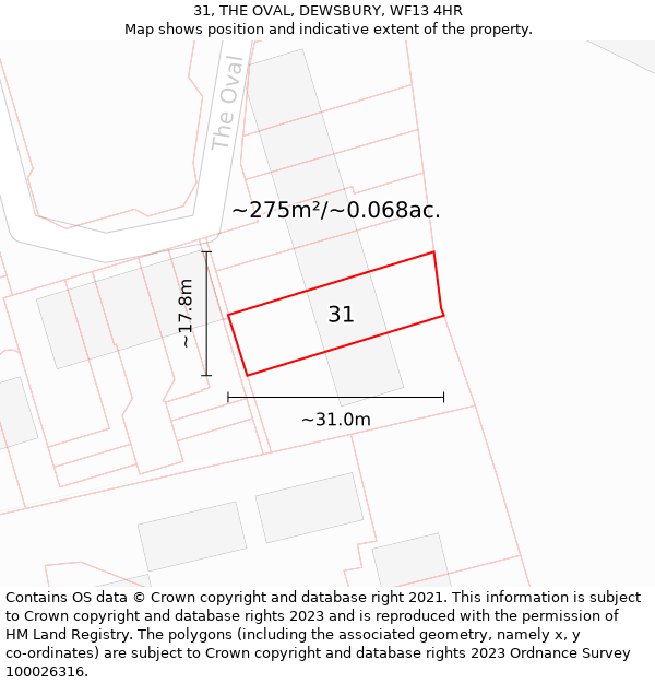 31, THE OVAL, DEWSBURY, WF13 4HR: Plot and title map