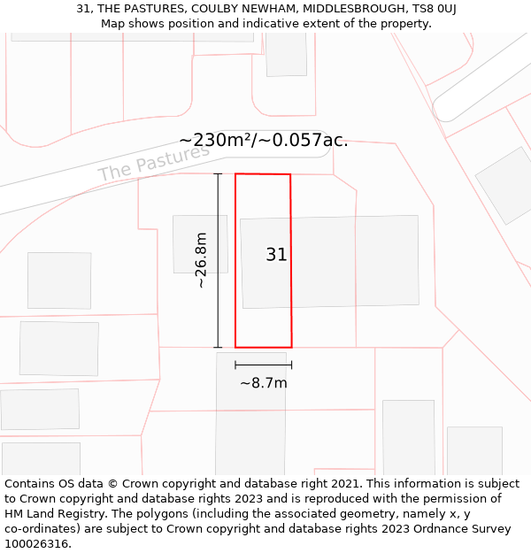 31, THE PASTURES, COULBY NEWHAM, MIDDLESBROUGH, TS8 0UJ: Plot and title map