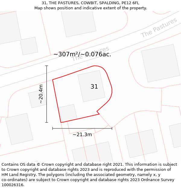 31, THE PASTURES, COWBIT, SPALDING, PE12 6FL: Plot and title map