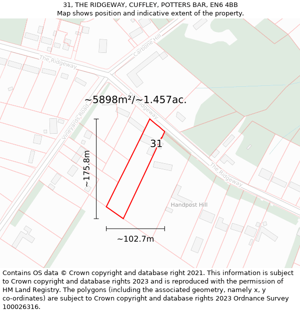 31, THE RIDGEWAY, CUFFLEY, POTTERS BAR, EN6 4BB: Plot and title map