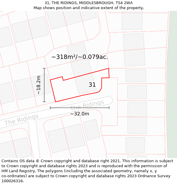 31, THE RIDINGS, MIDDLESBROUGH, TS4 2WA: Plot and title map