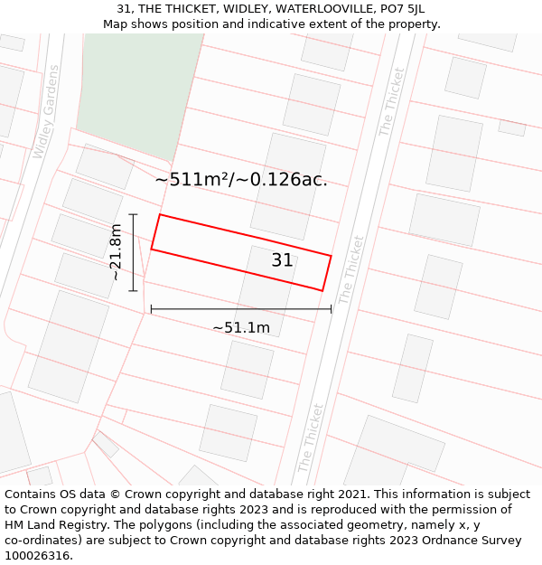 31, THE THICKET, WIDLEY, WATERLOOVILLE, PO7 5JL: Plot and title map