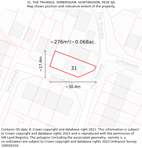 31, THE TRUNDLE, SOMERSHAM, HUNTINGDON, PE28 3JS: Plot and title map