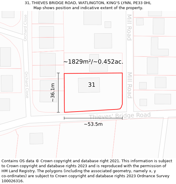 31, THIEVES BRIDGE ROAD, WATLINGTON, KING'S LYNN, PE33 0HL: Plot and title map