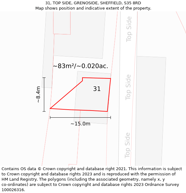 31, TOP SIDE, GRENOSIDE, SHEFFIELD, S35 8RD: Plot and title map