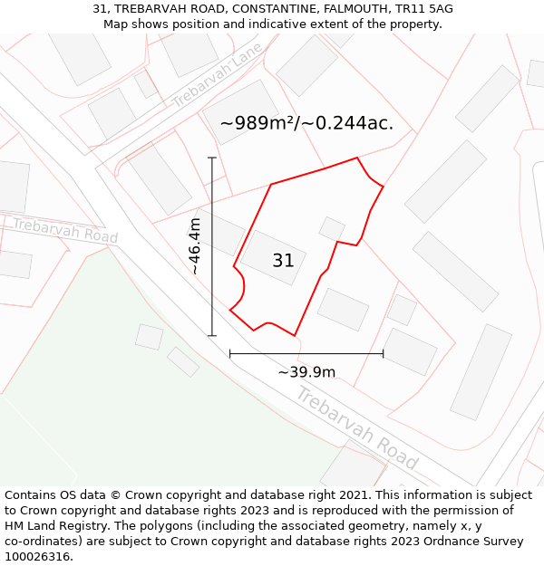 31, TREBARVAH ROAD, CONSTANTINE, FALMOUTH, TR11 5AG: Plot and title map