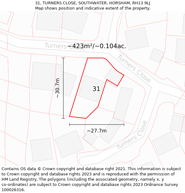 31, TURNERS CLOSE, SOUTHWATER, HORSHAM, RH13 9LJ: Plot and title map