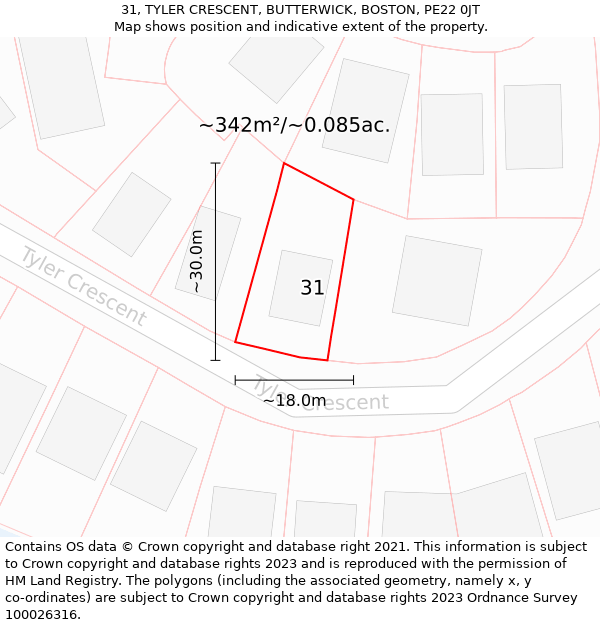 31, TYLER CRESCENT, BUTTERWICK, BOSTON, PE22 0JT: Plot and title map