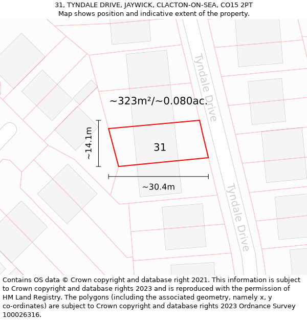 31, TYNDALE DRIVE, JAYWICK, CLACTON-ON-SEA, CO15 2PT: Plot and title map
