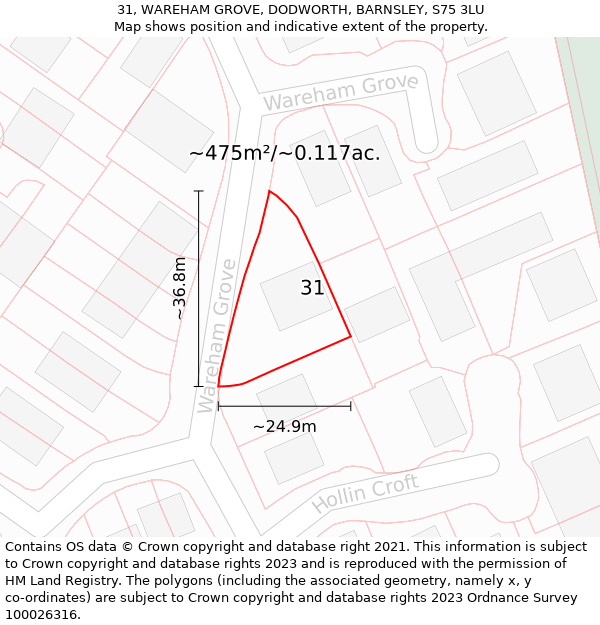 31, WAREHAM GROVE, DODWORTH, BARNSLEY, S75 3LU: Plot and title map