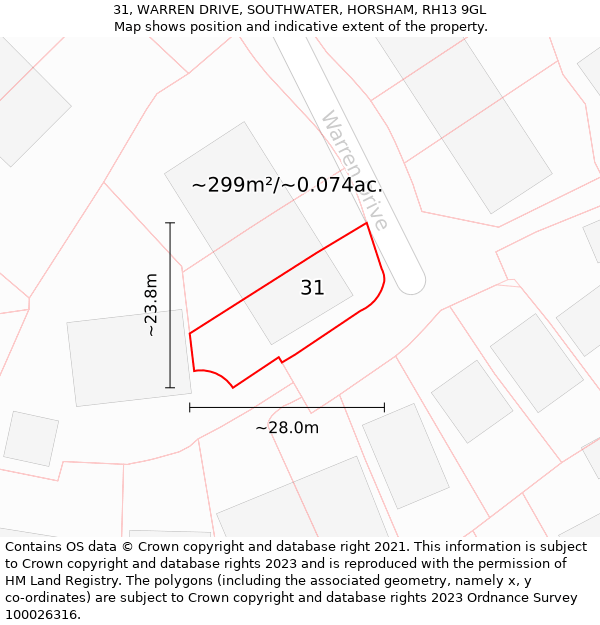 31, WARREN DRIVE, SOUTHWATER, HORSHAM, RH13 9GL: Plot and title map