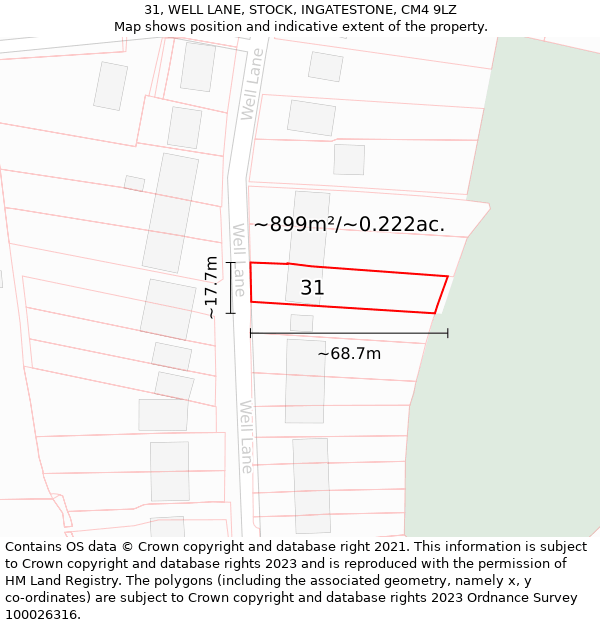 31, WELL LANE, STOCK, INGATESTONE, CM4 9LZ: Plot and title map