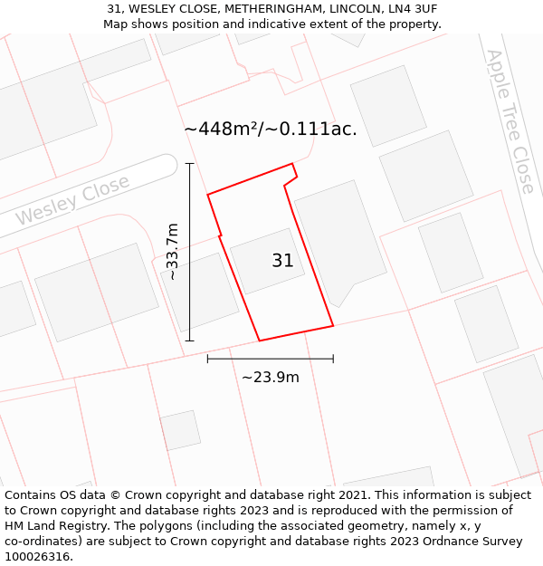 31, WESLEY CLOSE, METHERINGHAM, LINCOLN, LN4 3UF: Plot and title map