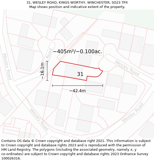 31, WESLEY ROAD, KINGS WORTHY, WINCHESTER, SO23 7PX: Plot and title map