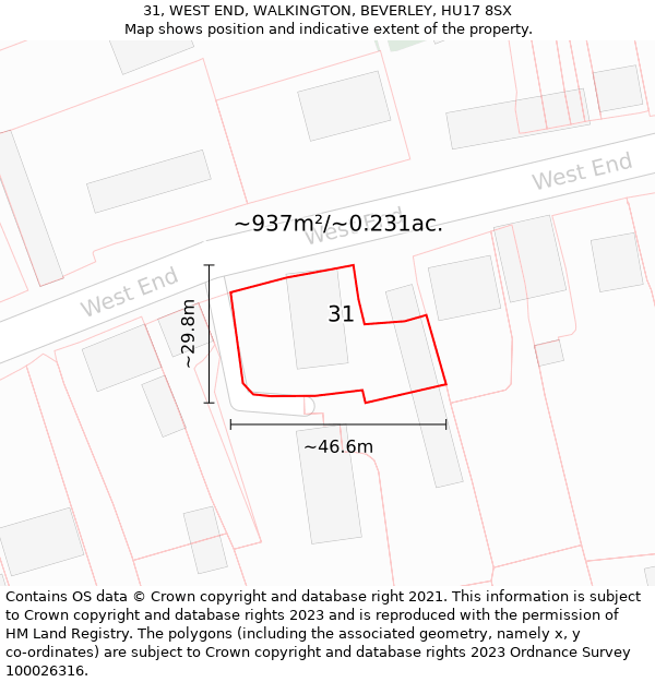 31, WEST END, WALKINGTON, BEVERLEY, HU17 8SX: Plot and title map