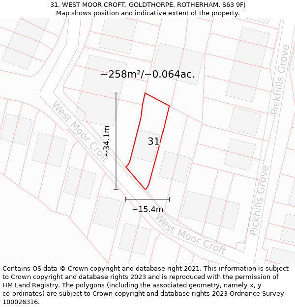 31, WEST MOOR CROFT, GOLDTHORPE, ROTHERHAM, S63 9FJ: Plot and title map