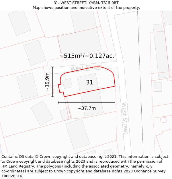 31, WEST STREET, YARM, TS15 9BT: Plot and title map