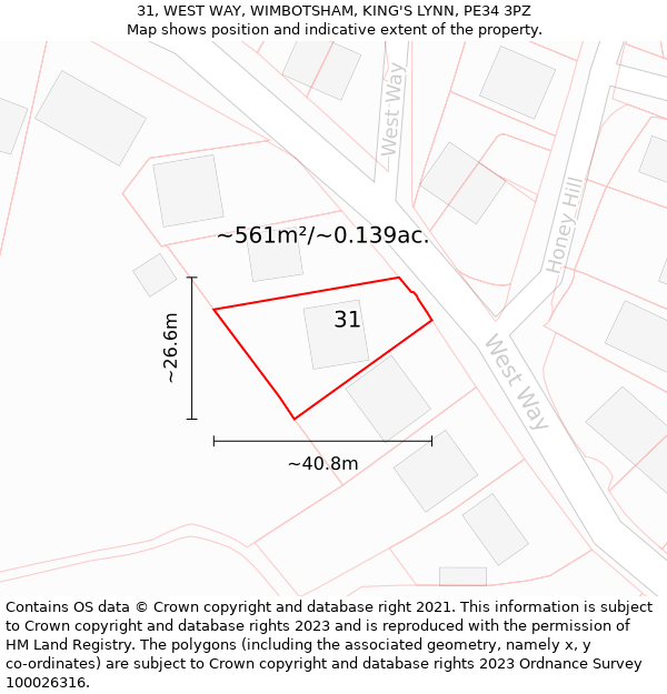 31, WEST WAY, WIMBOTSHAM, KING'S LYNN, PE34 3PZ: Plot and title map