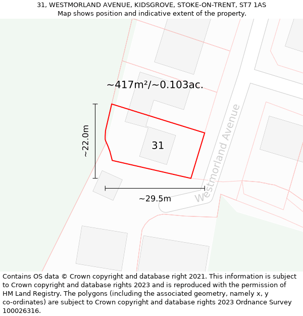 31, WESTMORLAND AVENUE, KIDSGROVE, STOKE-ON-TRENT, ST7 1AS: Plot and title map