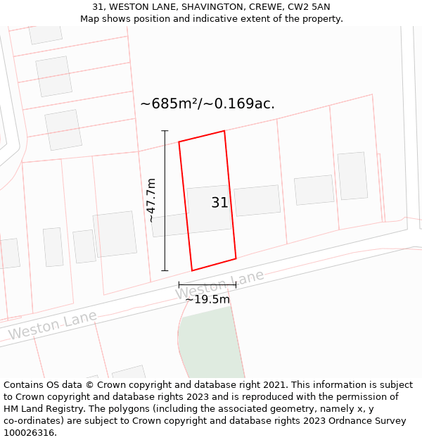 31, WESTON LANE, SHAVINGTON, CREWE, CW2 5AN: Plot and title map