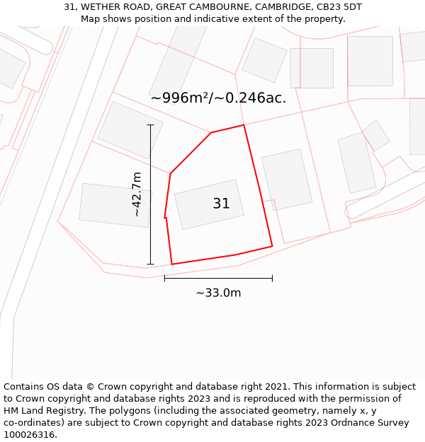 31, WETHER ROAD, GREAT CAMBOURNE, CAMBRIDGE, CB23 5DT: Plot and title map