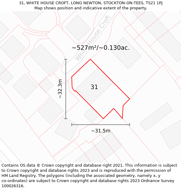 31, WHITE HOUSE CROFT, LONG NEWTON, STOCKTON-ON-TEES, TS21 1PJ: Plot and title map