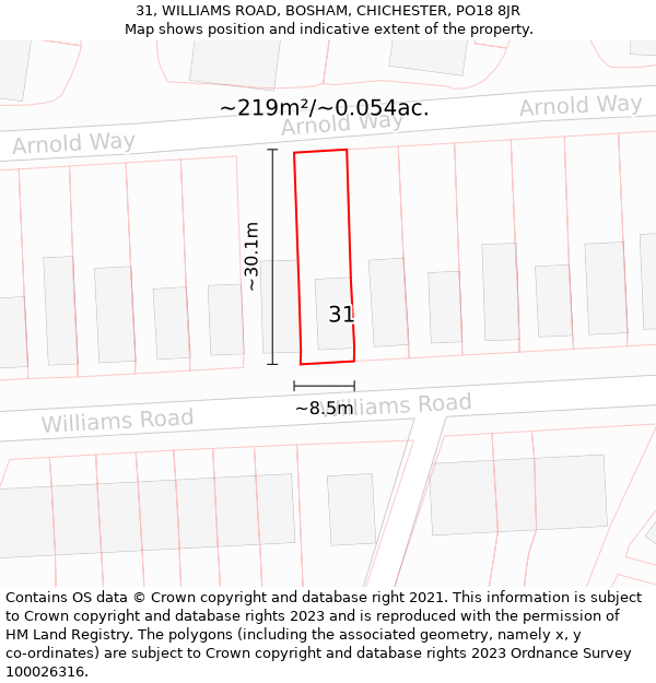 31, WILLIAMS ROAD, BOSHAM, CHICHESTER, PO18 8JR: Plot and title map