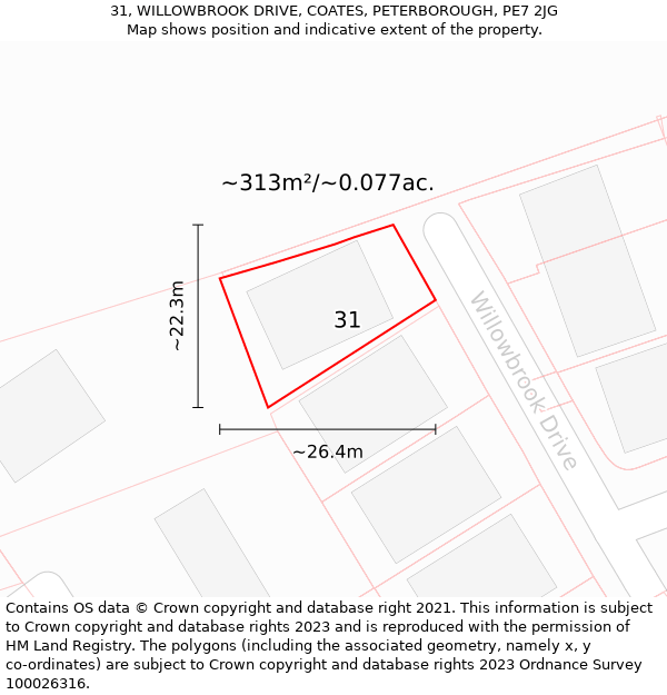 31, WILLOWBROOK DRIVE, COATES, PETERBOROUGH, PE7 2JG: Plot and title map