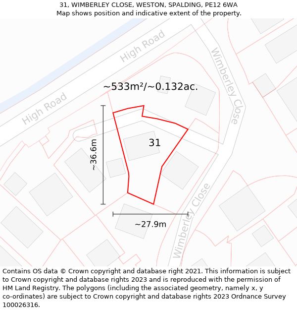 31, WIMBERLEY CLOSE, WESTON, SPALDING, PE12 6WA: Plot and title map