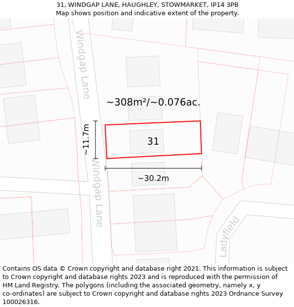 31, WINDGAP LANE, HAUGHLEY, STOWMARKET, IP14 3PB: Plot and title map