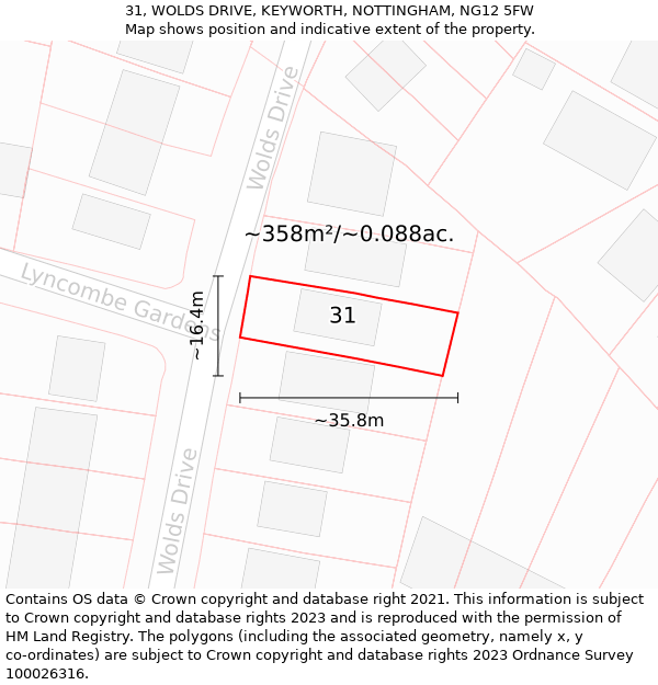 31, WOLDS DRIVE, KEYWORTH, NOTTINGHAM, NG12 5FW: Plot and title map