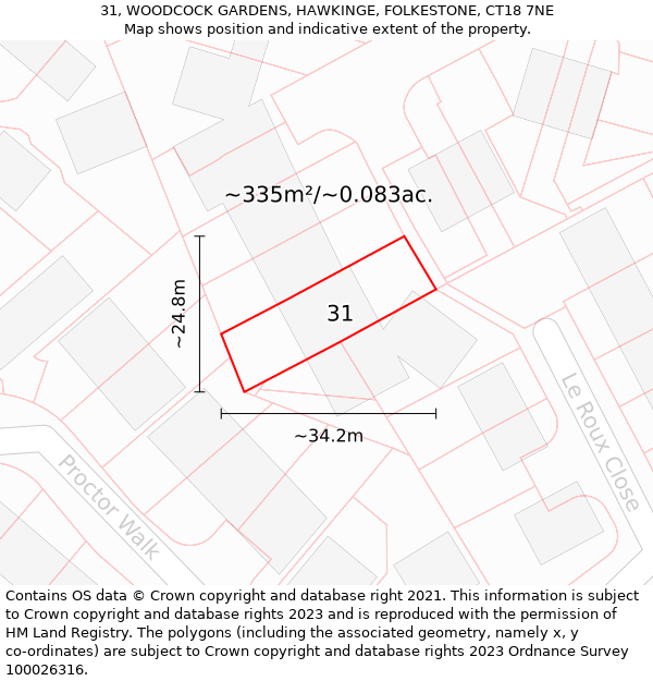 31, WOODCOCK GARDENS, HAWKINGE, FOLKESTONE, CT18 7NE: Plot and title map