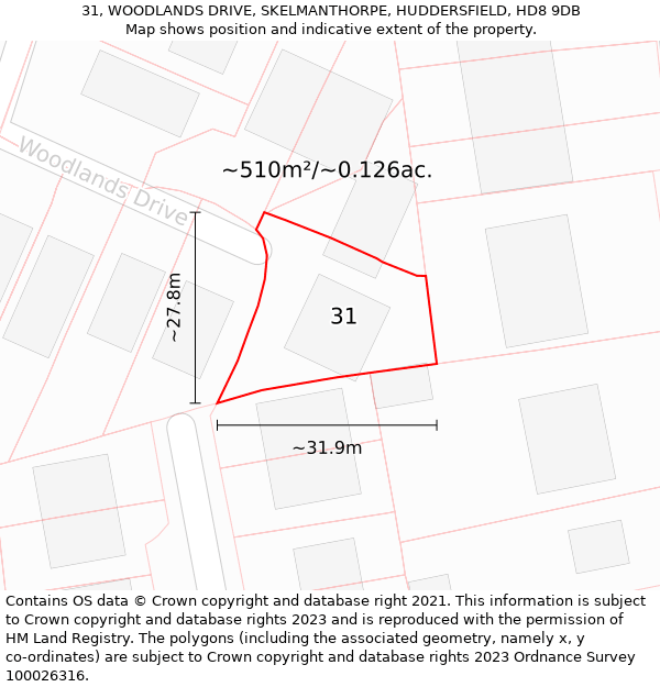 31, WOODLANDS DRIVE, SKELMANTHORPE, HUDDERSFIELD, HD8 9DB: Plot and title map