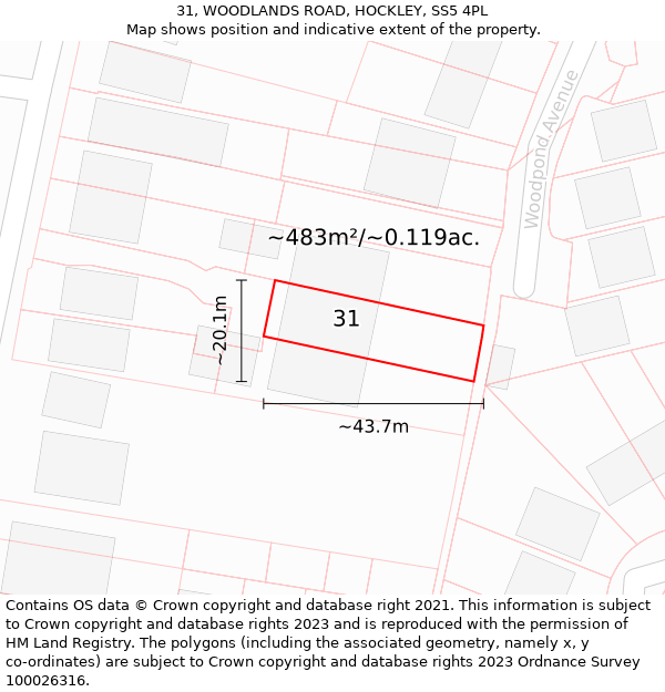 31, WOODLANDS ROAD, HOCKLEY, SS5 4PL: Plot and title map