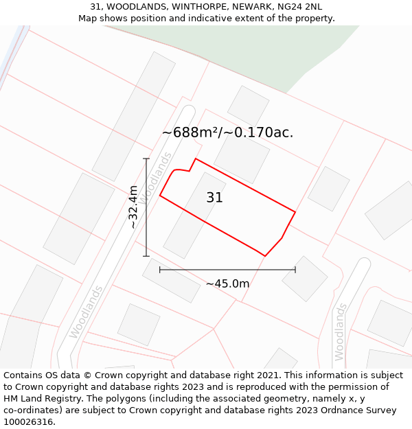 31, WOODLANDS, WINTHORPE, NEWARK, NG24 2NL: Plot and title map