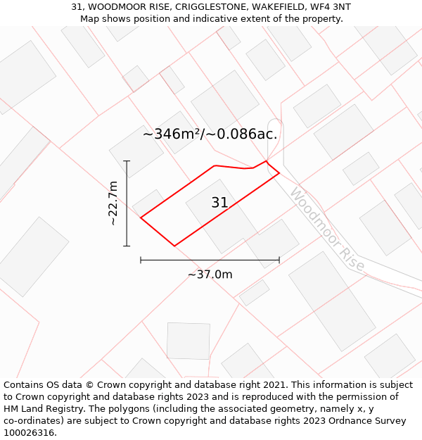 31, WOODMOOR RISE, CRIGGLESTONE, WAKEFIELD, WF4 3NT: Plot and title map