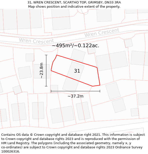 31, WREN CRESCENT, SCARTHO TOP, GRIMSBY, DN33 3RA: Plot and title map