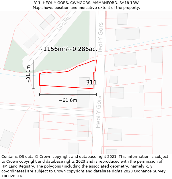 311, HEOL Y GORS, CWMGORS, AMMANFORD, SA18 1RW: Plot and title map