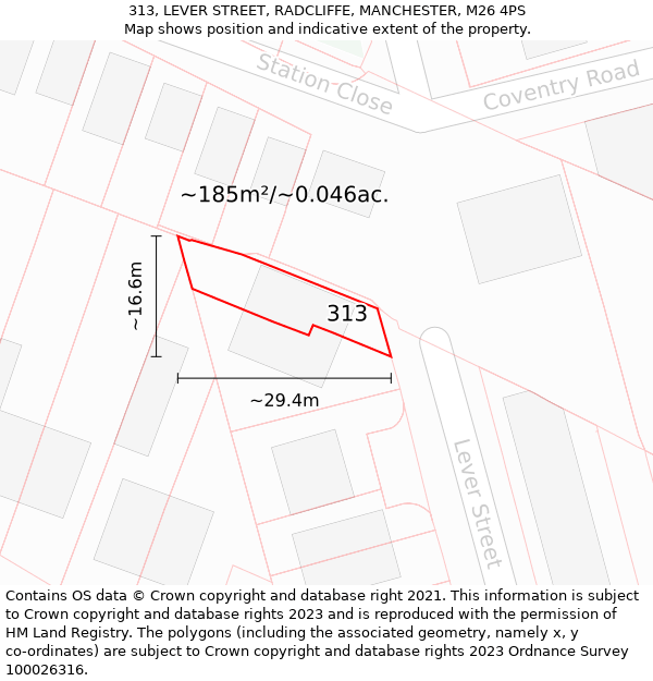 313, LEVER STREET, RADCLIFFE, MANCHESTER, M26 4PS: Plot and title map