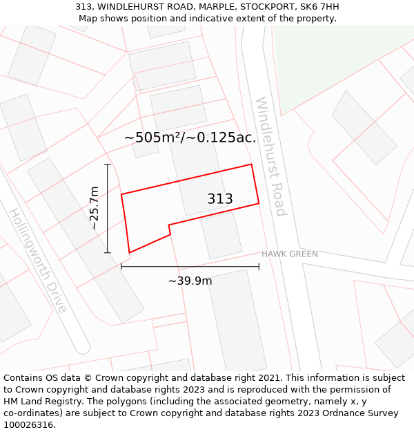 313, WINDLEHURST ROAD, MARPLE, STOCKPORT, SK6 7HH: Plot and title map