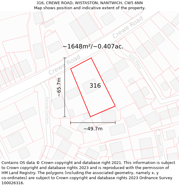 316, CREWE ROAD, WISTASTON, NANTWICH, CW5 6NN: Plot and title map