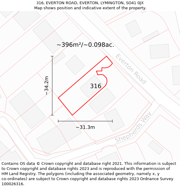 316, EVERTON ROAD, EVERTON, LYMINGTON, SO41 0JX: Plot and title map