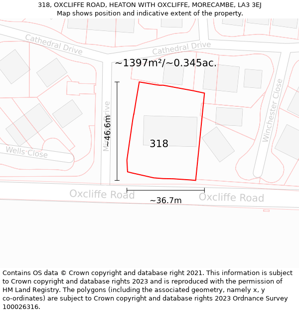 318, OXCLIFFE ROAD, HEATON WITH OXCLIFFE, MORECAMBE, LA3 3EJ: Plot and title map