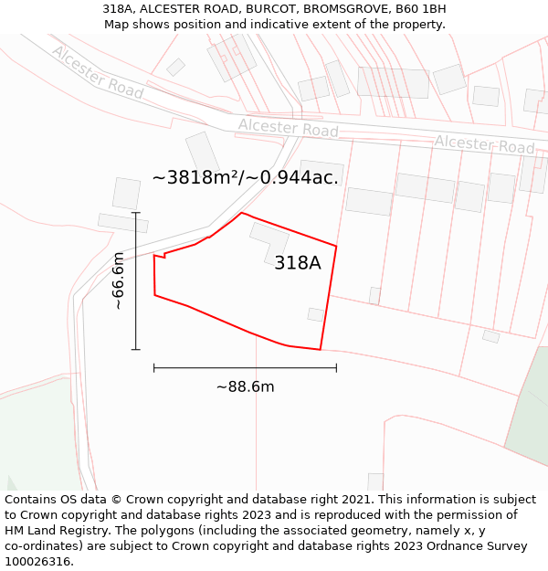 318A, ALCESTER ROAD, BURCOT, BROMSGROVE, B60 1BH: Plot and title map