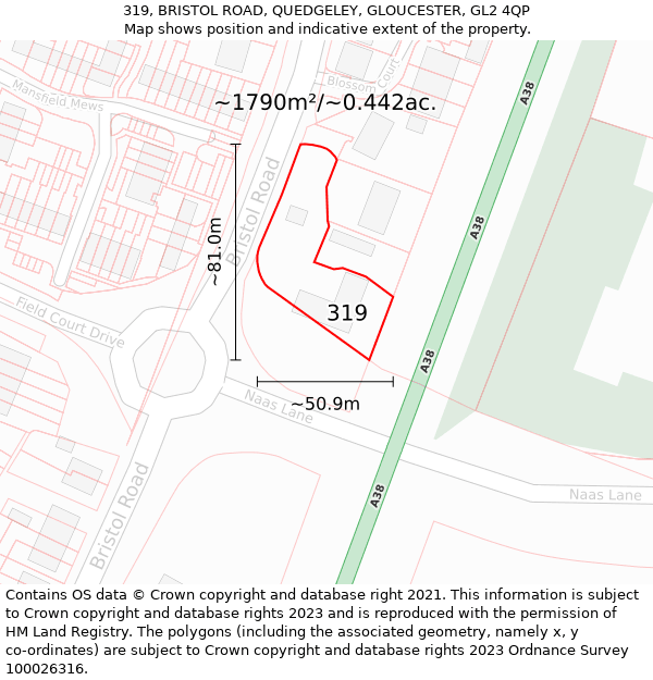 319, BRISTOL ROAD, QUEDGELEY, GLOUCESTER, GL2 4QP: Plot and title map