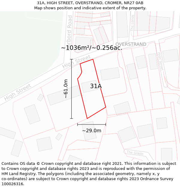 31A, HIGH STREET, OVERSTRAND, CROMER, NR27 0AB: Plot and title map