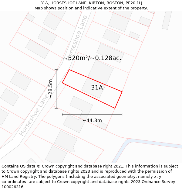 31A, HORSESHOE LANE, KIRTON, BOSTON, PE20 1LJ: Plot and title map