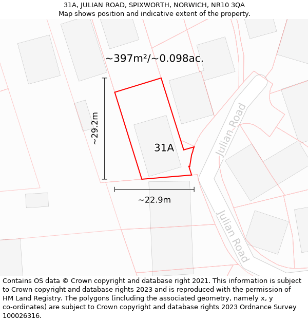 31A, JULIAN ROAD, SPIXWORTH, NORWICH, NR10 3QA: Plot and title map